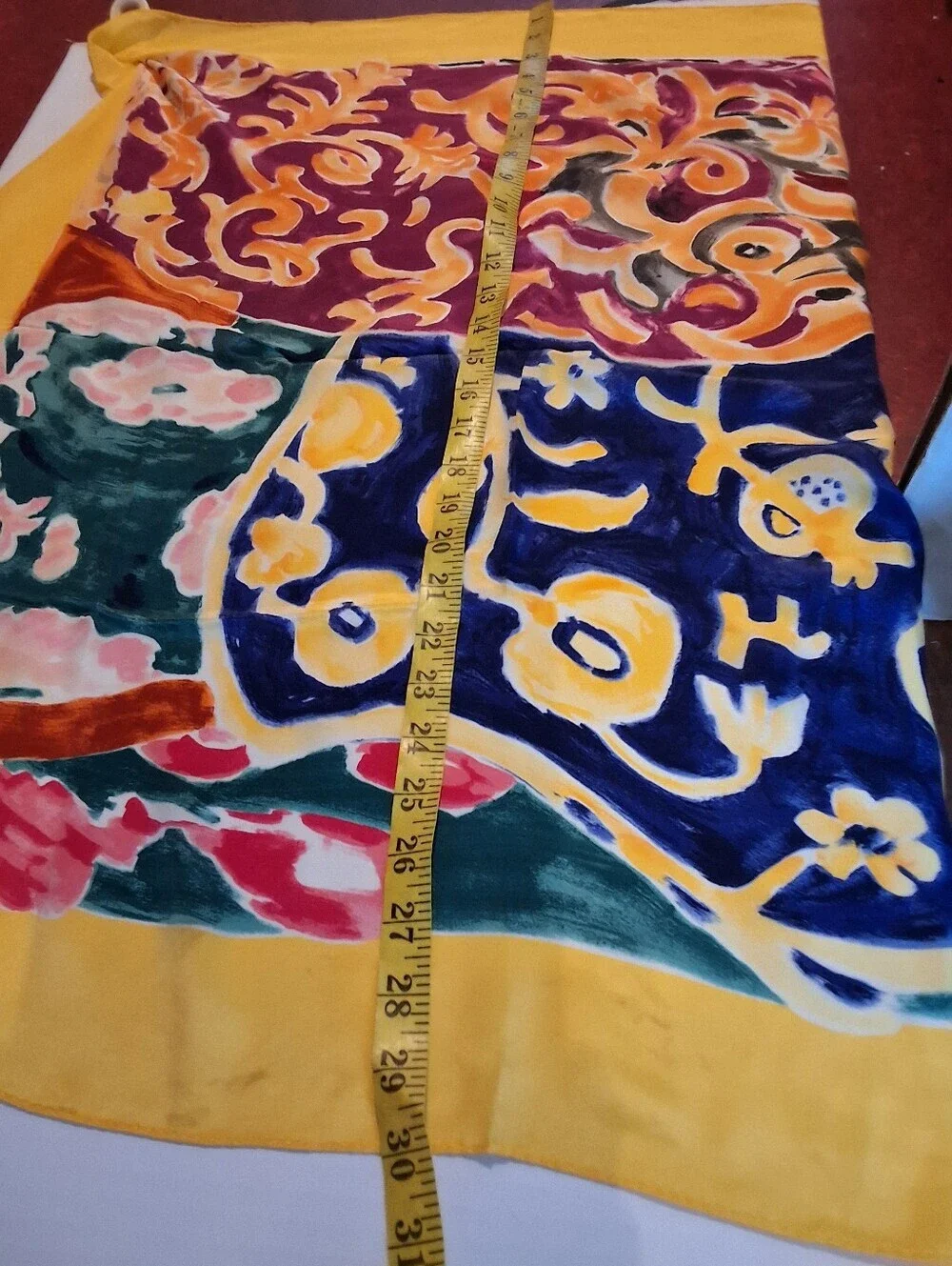 Vintage Silk Feel Scarf Rolled Edge Colorblock Floral Baroque Yellow Border